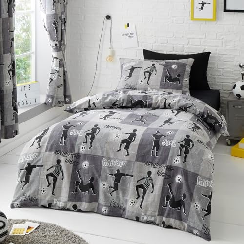 Happy Linen Company Jungen/Mädchen Bettwäsche-Set - Fußball-Motive - wendbar - Dunkelgrau - Einzelbett