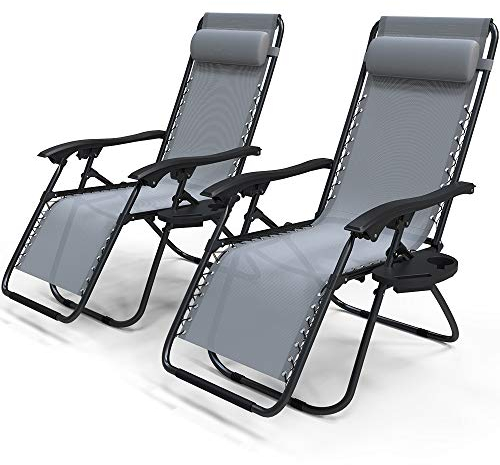 VOUNOT Zero Gravity Chair, Set of 2, Folding Sun Loungers, Recliner Garden Chairs, Outdoor Deck Chairs with Cup and Phone Holder, Grey