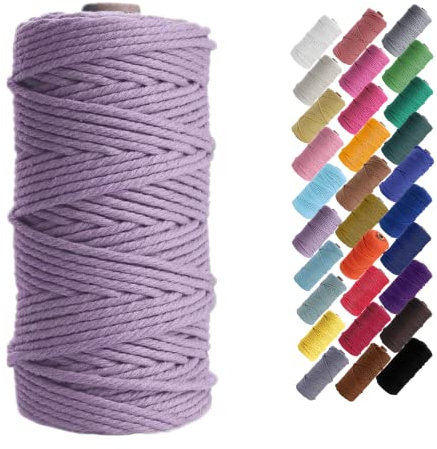 Binwat 3mm x 100m Natural Cotton Cord Yarn Macrame Rope Cord for Wall Hangings, Plant Hangers, DIY Crafts, Home Decorations, Gift Wrapping (Light Purple)