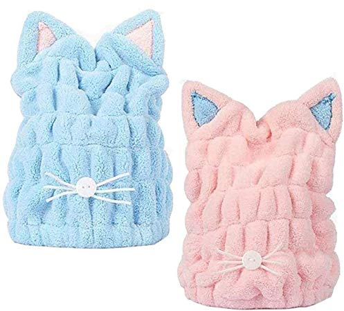 Süßes Trockenes Haar Turban-Kappe Sanftem Saugfähig Handtuch Kopftuch Korallenvlies Schnelltrocknend Handtuch Kopfhandtuch Super Wasser Absorbent Haarturban Haartrockentuch 2 Stück, Blau und Pink