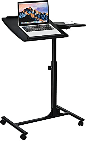 GIANTEX Beistelltisch mit Rollen, Pflegetisch höhenverstellbar & neigbar, Laptoptisch rollbar Notebooktisch mit 2 Stopp-Leisten, Betttisch Pflegebett, mit Ablage für Maus, 64 x 45 x 71-93 cm (Schwarz)