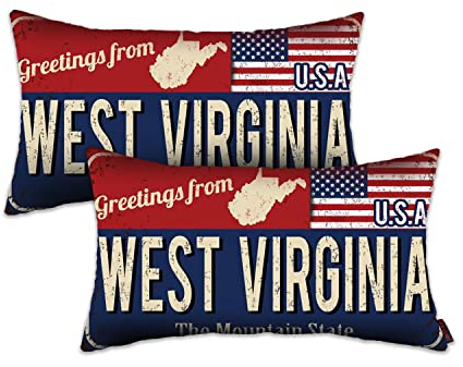 Doraloko Greetings from West Virginia Nummernschild-Kissen, 30.5 x 50.8 cm, Sofaüberwurf, 2 Stück, Stuhl, Bank, Sofa, Bett, Kissenbezug, Bergstaatskarte, amerikanische Flagge, Retro-Stil (WV)