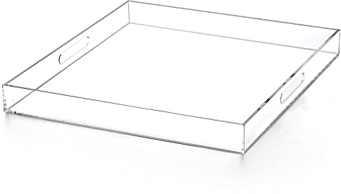 Modern Acrylic Ottoman Tray with Cutout Handles. Acrylic Serving Tray, Organizer. for Living Room, Bedroom, Bathroom and Kitchen Tabletop (Clear, 20x20 Inch)