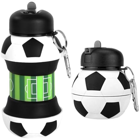 O-Kinee Botella Agua Niño Futbol Regalo, Football Botella Plegable de Silicona, 550ml sin BPA y A Prueba de Fugas, para Niños y Niñas Deporte, Camping, Cumpleaños