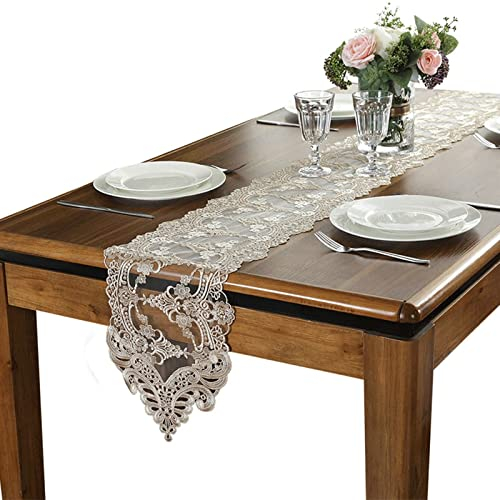 KnSam Tischläufer, Weihnachtsdeko Tischläufer Blumenmuster Mit Spitze Polyester Tischläufer Lang Tischdekoration Champagner 26X70cm