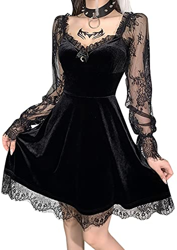Gothic Kleid Damen Cocktailkleid Punk Kleid Cosplay Partykleid Spitze Kreuz Anhänger Kleid Lace Kleid Mesh Glocke Langarm Knie Swing Spitzenkleid A-Linie Abendkleider (Schwarz, L)