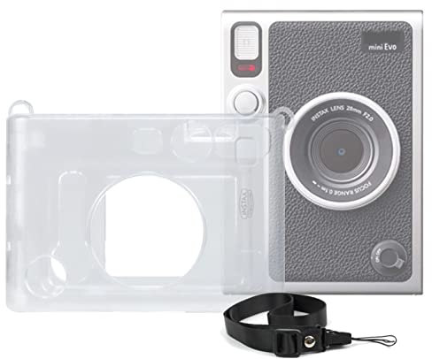Kimyoaee Mini Evo Crystal Camera Case for Fujifilm Instax Mini Evo Instant Camera Accessories Clear Plastic Protector Hard Case Adjustable Shoulder Strap