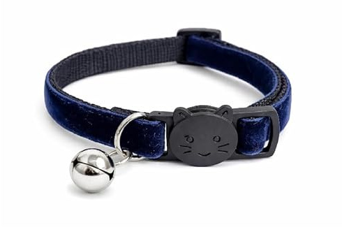 Velvet Cat Collars with Bell | Quick Safety Release Breakaway Buckle | Handmade in the UK | Available in Cat & Kitten Size | Navy Blue Velvet