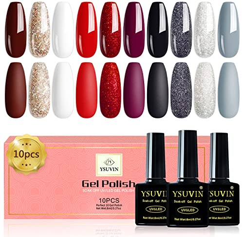 YSUVIN UV Nagellack, 10 Farben Gel Nagellack, Glitzer Rot Weiß Schwarz Grau Gold Tränken Sie den UV-Nagellack für Anfänger DIY Nail Art Maniküre Salon, 8ML