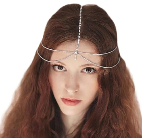 Wendalern Boho Geschichtet Crysatal Kopf Kette Strass Hochzeit Kopfkette Kopfschmuck Silber Quaste Braut Stirnband Kette Zigeuner Kopfschmuck Tiara Halloween Prom Haarschmuck Für Frauen Und Mädchen