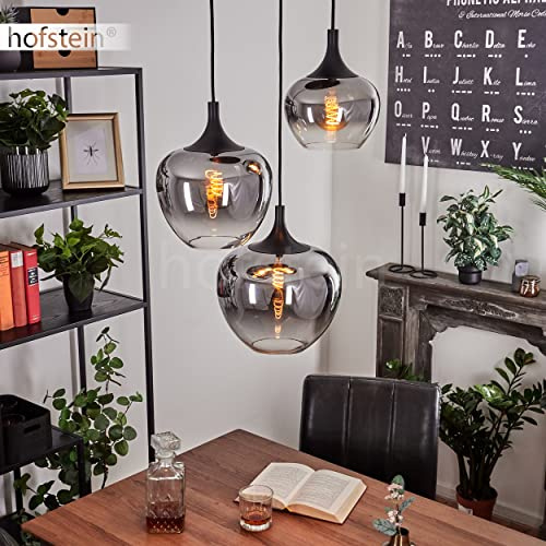 Azurara Lampe suspendue en métal/verre Noir/fumé/transparent Design moderne 3 flammes Hauteur max. 120 cm 3 ampoules E27