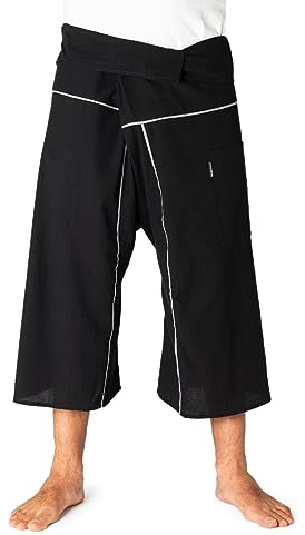 PANASIAM Thai Fischerhose 3/4 aus Baumwolle für Damen & Herren Wickelhose | Thai Fisherman Pants, Caprihose, kurze Yogahose, Sommerhose Strandhose Haremshose Unisex, flexibler Bund durch Wickeltechnik