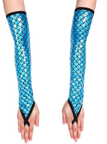 GEMILY Lange fingerlose Handschuhe, metallisch, glitzernd, Fischschuppen-Armstulpen, Cosplay-Kostüm-Handschuhe für Damen und Mädchen, Blau, Einheitsgröße