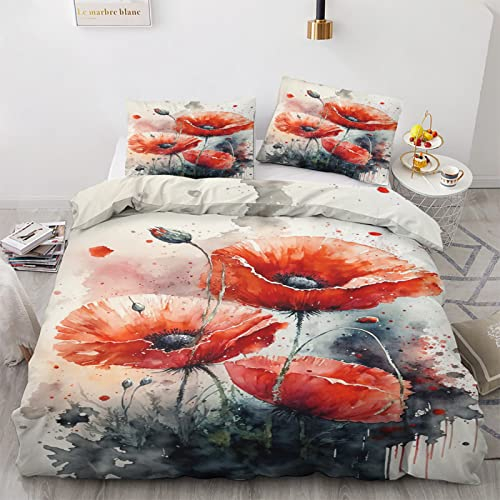 GEDAEUBA Sommer Bettwäsche 135x200 Mohnblumen - Bettbezug 135 x 200 2er Set, Wendebettwäsche und Kissenbezug 80x80, Weiche & Angenehme & Atmungsaktive Mikrofaser Bettwäsche-Sets mit Reißverschluss