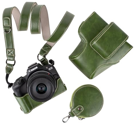 MUZIRI KINOKOO EOS R50 R100 Case - Retro PU Leather Camera Bag Cover for Canon EOS R50/R100 DSLR - Bottom Opening Version & Shoulder Strap & Storage Pocket - Green