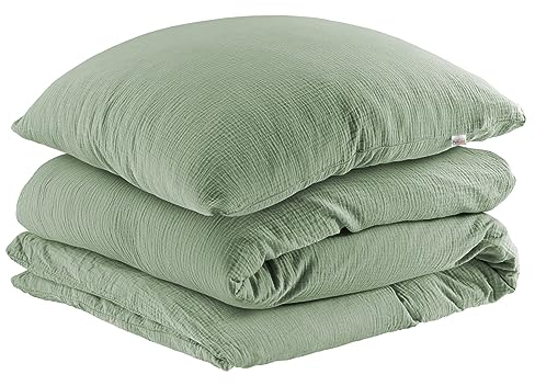 Pure Label Musselin Bettwäsche 135x200 cm mit einem Kissenbezug 80x80 cm aus 100% Baumwolle - Traumhaft weiche, kuschelige Bettwäsche-Sets in grün aus Musselin