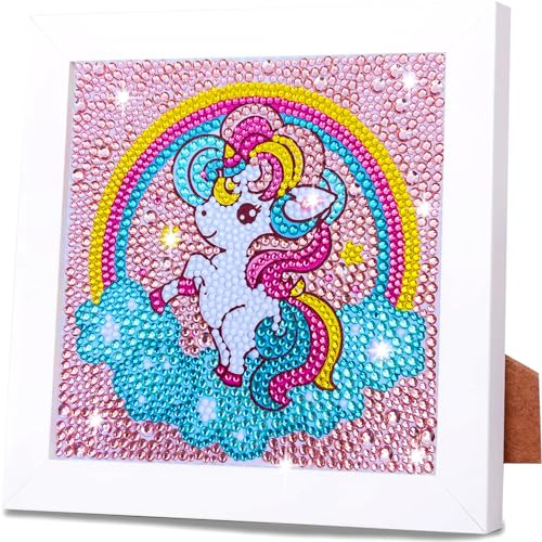 QIUQI Diamond Painting Kinder Mit Holzrahmen,Diamant Painting Bilder Einhorn-Regenbogen,5D Diamond Painting mit Rahmen,Crystal Art,Mosaik Bastel Set für Kinder Mädchen,Raumdekoration(18 x18cm)