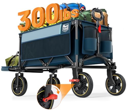 TIMBER RIDGE XXXL Bollerwagen Faltbare 300L mit Bremse Faltbarer Heckklappe Handwagen mit Seitentasche Getränkehalter verstellbarem Griff, Gartenwagen Transportwagen für Alle Gelände