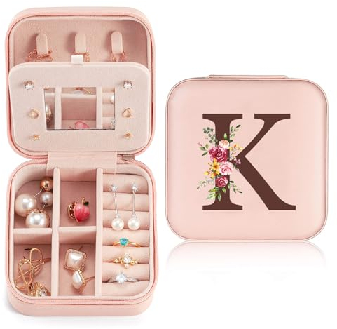 Joyero con Nombre Inicial K joyero Pequeña Portátil Joyero Viaje con Espejo Mini Joyero Personalizado Organizador de Joyas para Mujer Niña Regalo de Cumpleaños Rosa