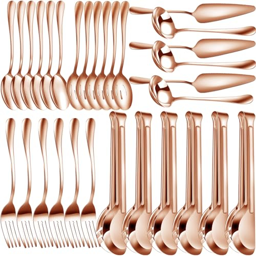 Thenshop Set di 30 utensili da portata in acciaio inox, include grandi cucchiai da portata, forchette scanalate, mestolo, paletta e pinze per buffet (oro rosa)