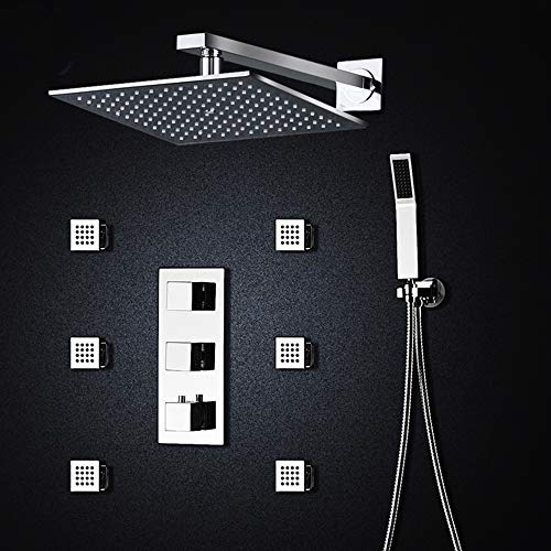 10-Zoll-Badezimmer-Duschsystem, thermostatische Duscharmaturen, Mischventil, Wandduschkopf, 6 Massagedüsen, Spa-Körperspray-Duschset, poliertes Chrom