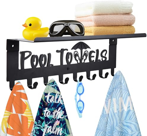 IBosins Toallero de piscina con estante, 8 ganchos, soporte para toallas montado en la pared para exteriores o baño, colgador de toallas para colgar albornoces, toallas, ropa, letrero y decoración