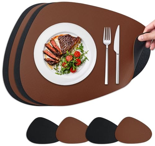 NOSTHEART Lot de 4 Sets de Table antidérapants Double Face résistants à la Chaleur Imperméable et Anti-Tache Similicuir et Lin Noir Classique Marron avec Dessous de Verre