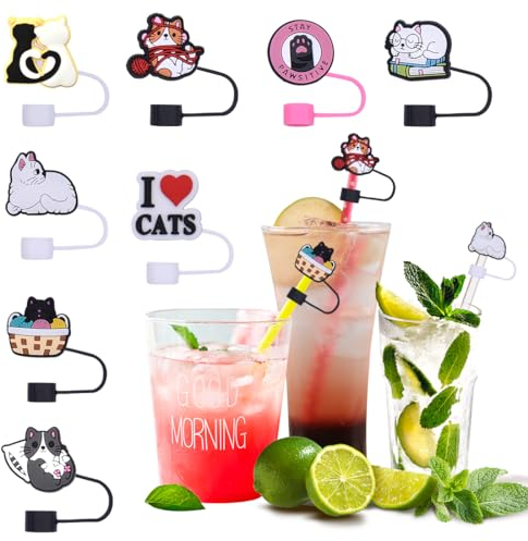 Voyyphixa 8Pcs Cute Cat Straw Cover Cap for Stanley Cup Silicone Covers Cap Cup Accessories Cat Dust-Proof Drinking Straw Reusable Straw Tips Lids Stanley Cup Straw Cover (Cat)