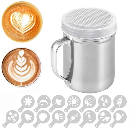 Chocolate Shaker with Handle Stainless Steel Powder Shaker Set Flour Sugar Salt Shaker with 16 Coffee Molds Salt Cocoa Flour Coffee Sifter for Kitchen Craft Icing Sugar Cake Flour