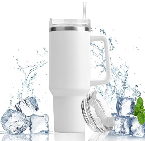 SupRovare 1200ml Lsolierbecher Mit Strohhalm, 40 oz ThermoTrinkbecher Edelstahl Griff Doppelwandiger Edelstahl Vakuum Isolierbecher, Tumbler Cup für Kalte Heiße Getränke Thermo Becher