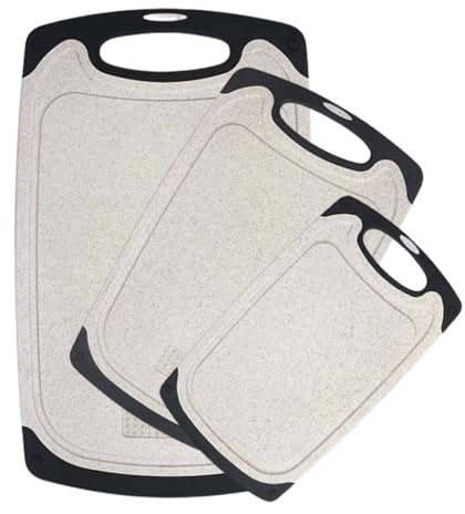 Cutting Boards for Kitchen, Plastic Chopping Board Set of 3 with Non-Slip Feet, Juice Grooves, Easy Grip Handle, BPA Free, Non-Porous, Dishwasher Safe, Multiple Sizes (Beige，Grind Function)