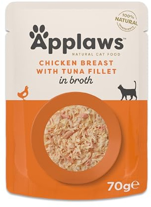 Applaws Nourriture Humide 100% Naturelle pour Chat, Poitrine de Poulet avec Filet de Thon en Bouillon - Pack de 12 Poches de 70g