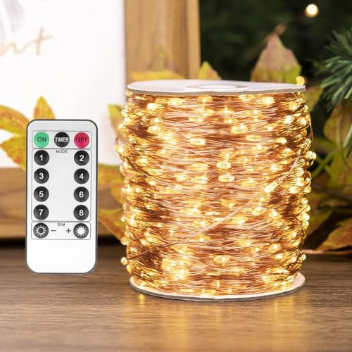 PCORES Plug in Fairy Lights 120M 1200 LED Warm White Copper Remote Control Indoor Outdoor String Lights for Bedroom Living Room Patio Porch Garden Christmas Tree