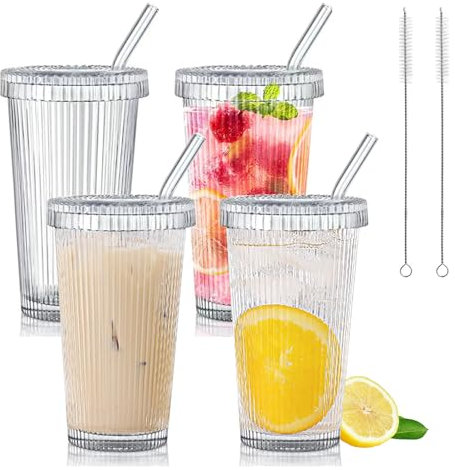 Copas de Agua,Vasos de Cristal Agua,Vaso de Cerveza con Tapas y Pajita,Vasos Vidrio de Cerveza,Vasos Cafe,Juego de Vasos Agua,Tazas Jugos,Vasos Vidrio para Bebidas,Reutilizable Tazas de Café Helado