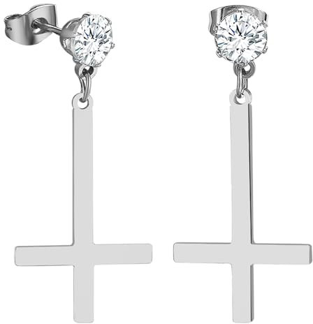 JewelryWe Petruskreuz Ohrringe für Herren Damen: Silber Edelstahl Zirkonia Satanische Ohrstecker mit Baumelnde Umgekehrt Upside Down Kreuz Unisex Ohrhänger Ohr Piercing Religiöses Schmuck