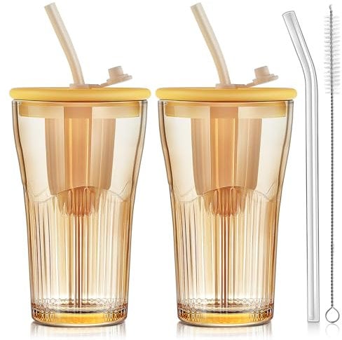 Joeyan 450ml Amber Glass Tumbler with Lid Detachable Infuser Plastic and Glass Straws Set of 2, Ribbed Smoothie Iced Tea Coffee Cup Drinking Glasses for Juice Milk Water Beverages