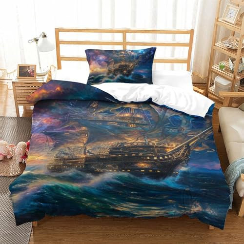 VUDBELAFC Segelschiff 3D Gedruckt Bettwäsche-Set 2 Teilig Bettbezug-Sets Mit Kissenbezug Soft Microfaser Luxus Modern Mit Reißverschluss Für Erwachsene Und Kinder Single（135x200cm）