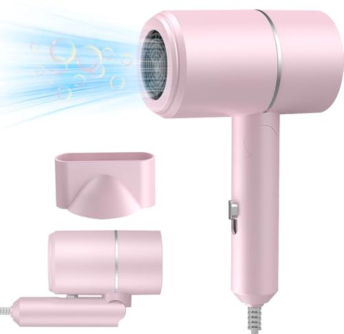Vmxlso Travel Hair Dryer, Travel Hairdryers for Womenm, Foldable Small Hair Dryer, Ionic Hairdryer Lightweight with 2 Heat and Cool Button, 1 Concentrator, Small Hair Blow Dryer for Women Men, Pink