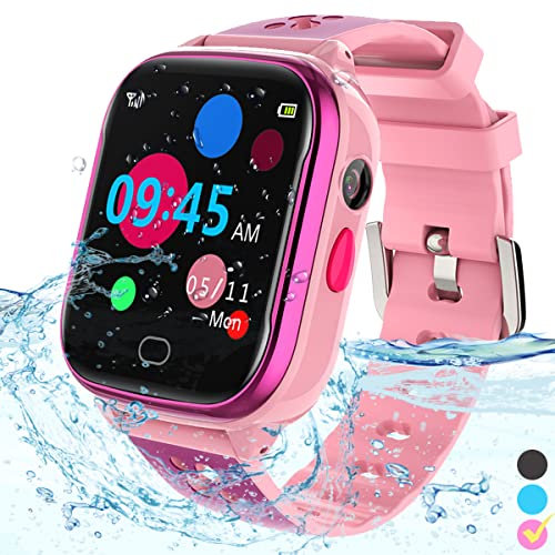 FRLONE Kinder-Smartwatch Telefon – IP67 Smartwatch Jungen Mädchen mit Touchscreen 5 Spiele Kamera Alarm SOS Anruf Digital Armbanduhr für 3-13 Jahre Kinder Geburtstagsgeschenk (Rosa)