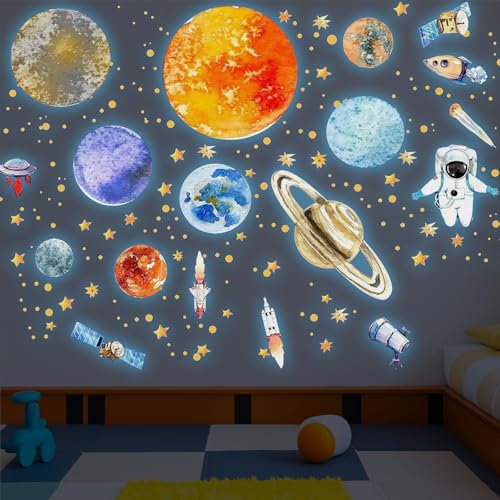 3 Blatt Wandsticker Leuchtaufkleber 9 Planeten Leuchtsterne Astronaut Planet Leucht Wandaufkleber Leuchtend Sterne Sonnensystem Wandtattoo für Kinderzimmer Schlafzimmer Dekorative Aufkleber Blau