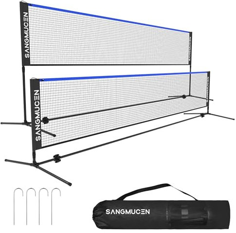 SANGMUCEN 3m Badminton Netz, Volleyballnetz Garten, höhenverstellbare Stangen, tragbares Set, leicht auf- und abbaubar Ideales Sportnetz für Tennis, Badminton oder Volleyball Blau und Schwarz TBN003B