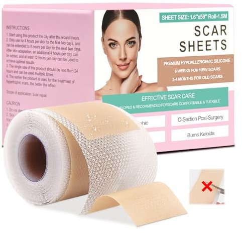Grunda Feuilles de Silicone Pour Cicatrices, Feuilles de Cicatrice en Silicone(1,6X59-1.5M), Silicone Scar Sheets Pas de Coupe NéCessaire, Pour RéParer Diverses Cicatrices Non Ouvertes, RéUtilisable
