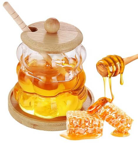 Dzmuero Tarro para Miel, 250 ml Dispensador de Miel, Cuchara Miel, Tarro de Miel de Madera con Tapa, Recipiente de Cristal Sellado, Tarro de Boca Ancha para Guardar (12.5 * 9.5cm)