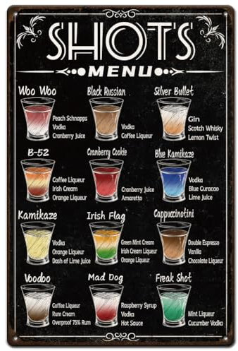 SUPERDANT Liquor Menu Tin Signs Retro Metal Poster Man Cave Decor Signs Cocktails Vodka Sign for Home Living Room Bedroom Kitchen Bars Restaurants Cafe Pubs Club Wall Art Gifts 20x30CM