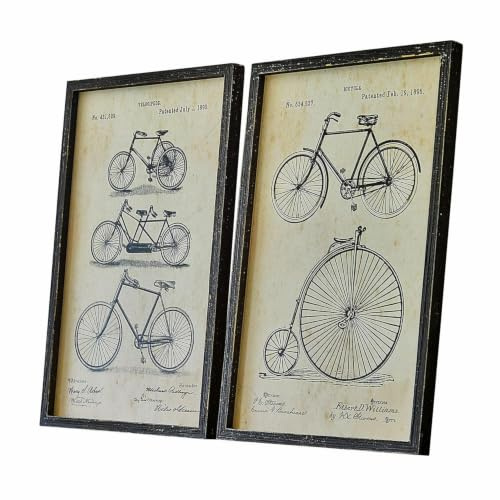 Loberon Bild 2er Set Golovine, Historische Fahrradskizzen, Vintage-Charakter, Rahmen mit Used-Optik, Wanddekoration, Tannenholz, schwarz/beige