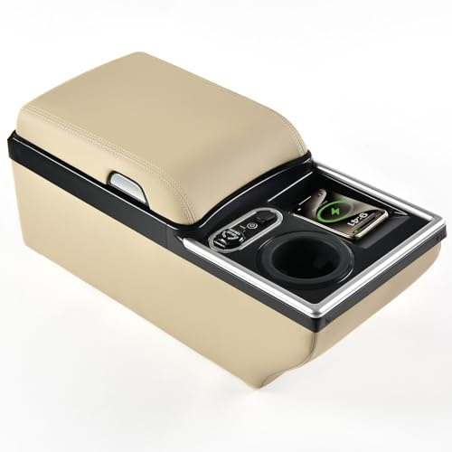 Coverado Universal Car Center Console Cup Holder & Back Seat Organizers, Rear Bench Seat Central Armrest Box with Storage, for All Vehicles, Easy Install, Beige