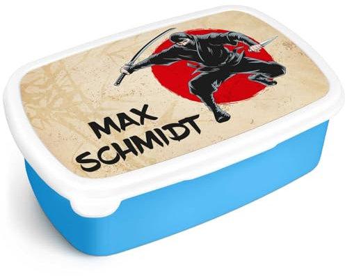 GRAVURZEILE Bedruckte Lunchbox - Ninja - Personalisiert mit Namen - Brotdose für Kinder - Individuell bedruckt mit Wunschmotiv - Platzsparend stapelbar - Perfekt für Schule & Kita - Farbe: Blau