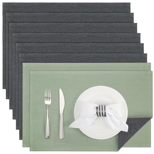 Banchif Tischsets abwaschbar doppelseitig Platzset Platzdecken abwaschbar | Platzsets abwaschbar Leinenimitat 8er Set doppelseitige Tischsets maschinenwaschbar rechteckig Platzdecken (Grau Salbeigrün)