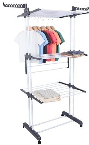 CORIBI Tendedero Tipo Torre, para Interior, con alas Plegables, Plateado, 4-Niveles,Secador Interior Extensible para Ropa, Toallas y sábanas