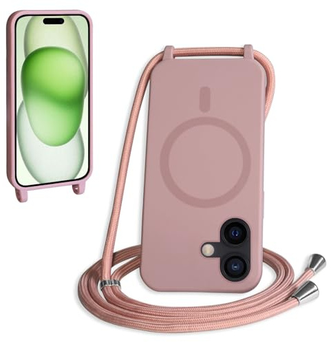 FMPCUON Magnética Funda con Cuerda para iPhone 16 Compatible con Magsafe,TPU Antigolpes Protectora Silicona Case Carcasa con Ajustable Cordon Colgante Cadena,Rosa